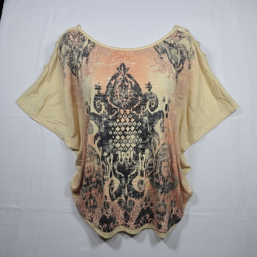 Bongo Women's M Ikat Studded Dolman Top Boho‎ Festival Y2K
